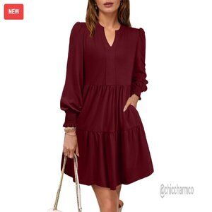 Long Sleeve V Neck A Line Midi Dress with Pockets Ruffle Flowy